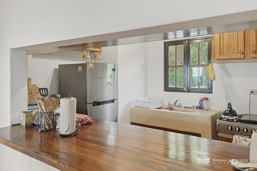 Cocina abierta con barra de madera, fregador, refrigerador y ventana con vista al jardín