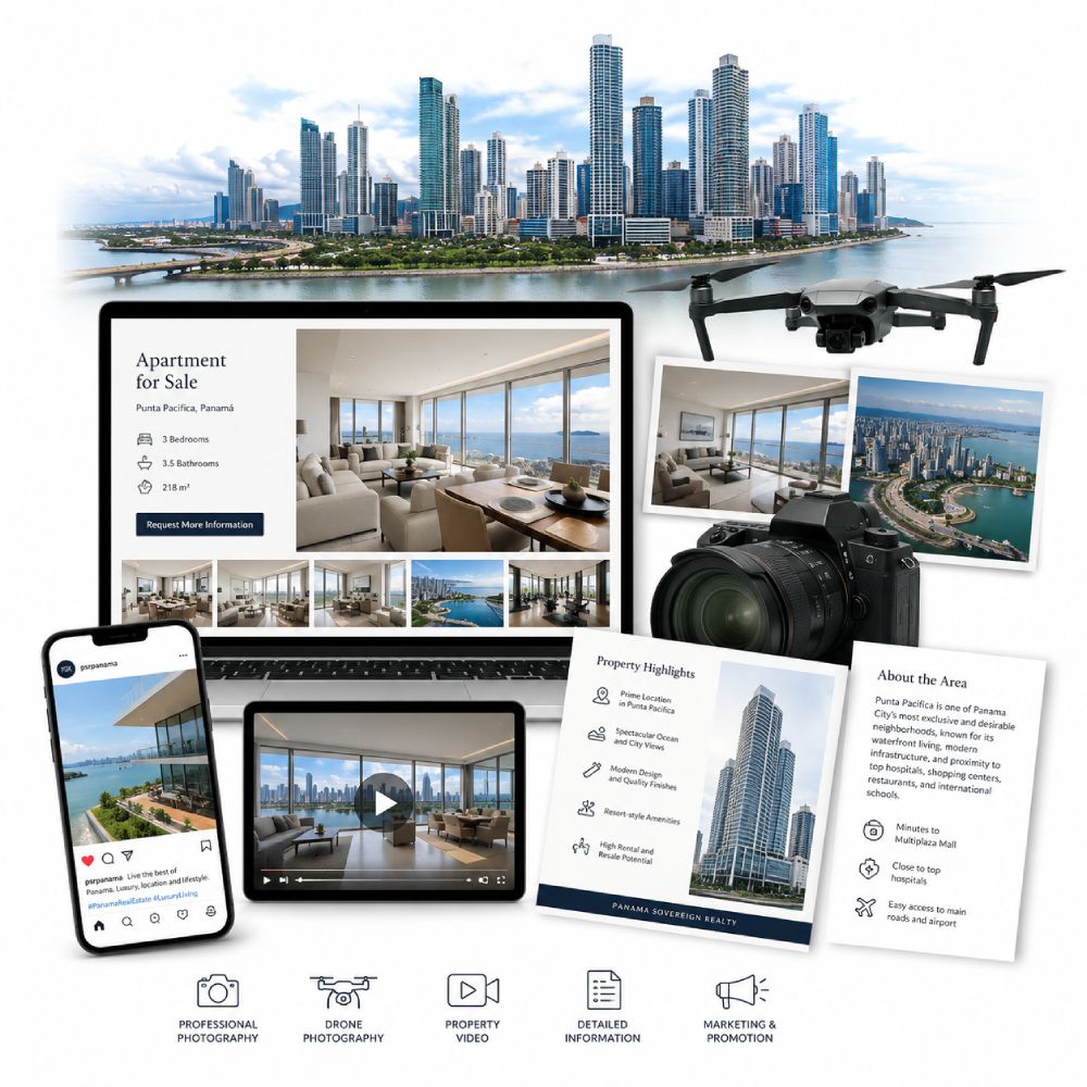Un collage de diversos medios y métodos para vender bienes raíces específicamente en Panamá.