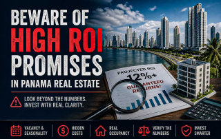 Panama City skyline with bold “Beware of High ROI Promises” headline, magnified 12%+ return graphic, and icons highlighting vacancy, hidden costs, and real occupancy in real estate investing