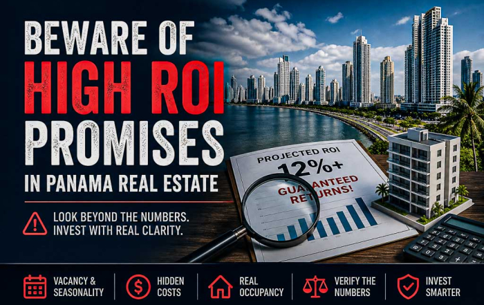 Panama City skyline with bold “Beware of High ROI Promises” headline, magnified 12%+ return graphic, and icons highlighting vacancy, hidden costs, and real occupancy in real estate investing
