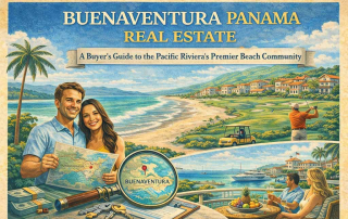 Buenaventura Panama real estate buyer’s guide illustration showing coastal homes, golf course lifestyle, beach views, and couple reviewing property map.