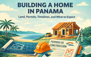 Coastal construction site in Panama with a partially built home, blueprints, a hard hat, and a building permit, representing the process of building a home in Panama including land selection, permits, and timelines.
