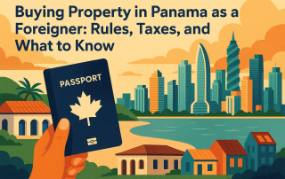 A Canadian passport being held up in front of for sale real estate in Panama.