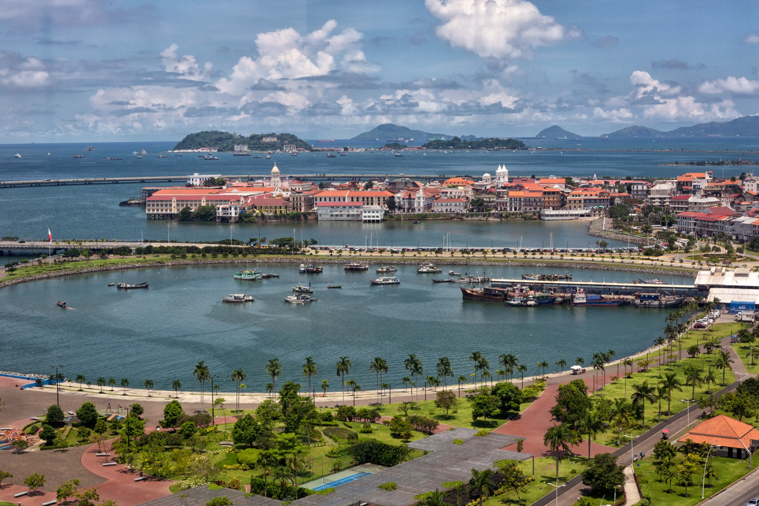 Aerial view of Casco Viejo, the Bay of Panama, and the Cinta Costera