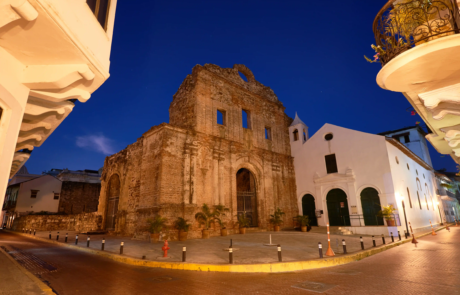 View of ruins in Casco Viejo at night