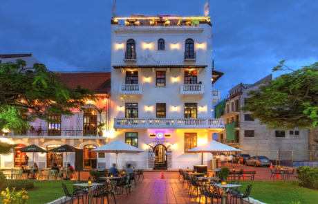 Old renovated building lit at night in Casco Viejo