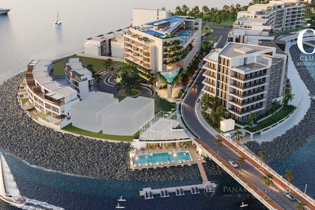 Aerial view of the Club Residences complex on Ocean Reef Islands with surrounding marina.