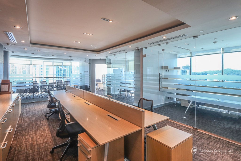 Collaborative workspace featuring shared desks, ergonomic chairs, and natural light through glass partitions.