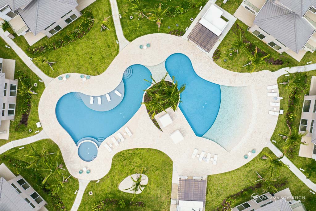 Overhead view of the pool and walkways.
