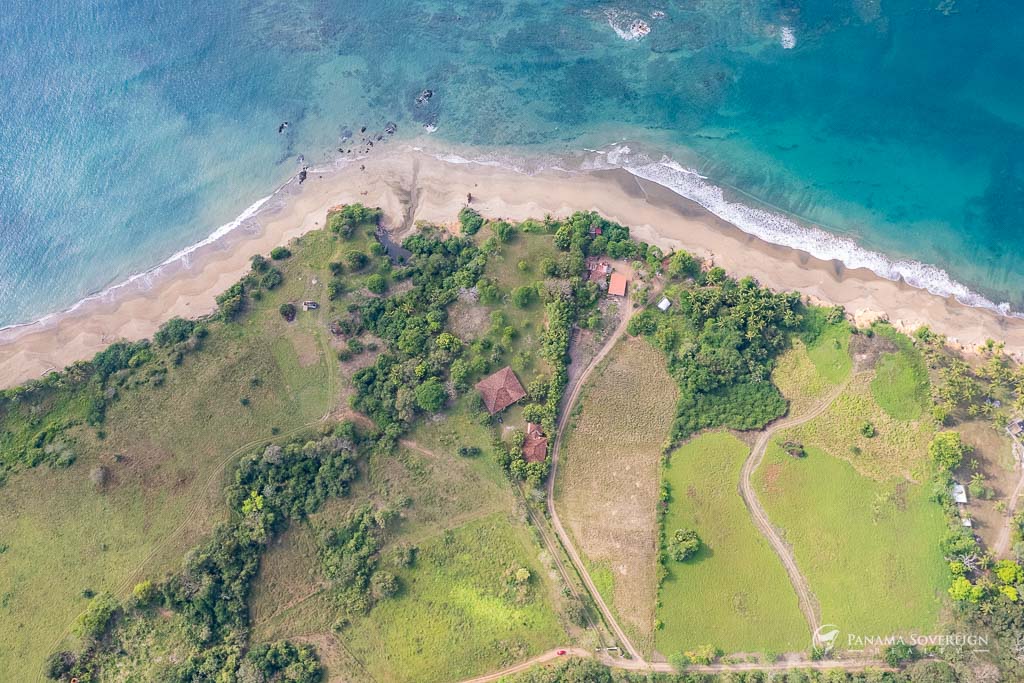 Vista aérea de una finca frente al mar en Los Destiladeros, Pedasí, rodeada de exuberante vegetación y acceso directo al océano.