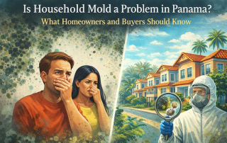 Household mold problem in Panama illustrated with concerned homeowners, visible mold growth, tropical homes, and professional inspection scene