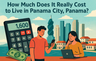 A couple using a calculator to figure out the cost of living in Panama City, Panama.