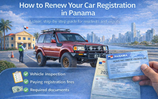 Toyota Land Cruiser 80 Series with bull bar and snorkel parked along Panama City waterfront during vehicle registration renewal.