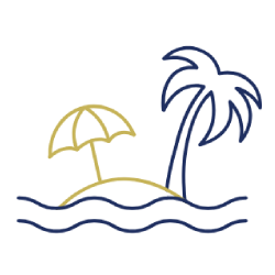 An island with an umbrella and palm tree.
