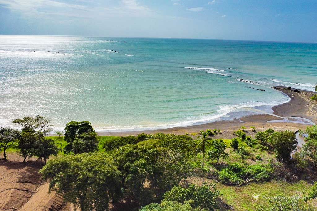 Vista de la costa que muestra aguas turquesas y playa de arena, con vegetación cercana ideal para el desarrollo en primera línea de playa.