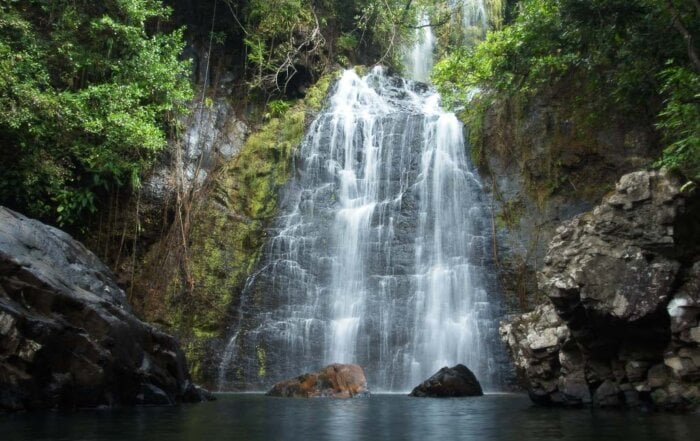 A stunning waterfall cascading down rocky cliffs into a tranquil pool, surrounded by lush green forest, creating a peaceful and scenic atmosphere.