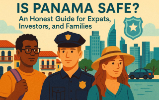 A tourist couple with police in front of Panama City, Panama.