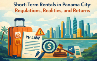 Panama City skyline with icons representing short-term rentals, including a suitcase with Airbnb symbol, PH Law document, legal gavel, warning sign, and ROI magnifying glass, highlighting regulations and returns for short-term rentals in Panama City.