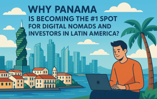 The city of Panama with a digital nomad investor working nearby.