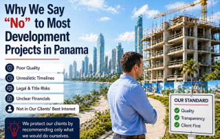 Modern coastal construction site in Panama under clear blue skies, with a partially completed building near the waterfront and a professional man observing the project; overlay text highlights risks like poor quality, unrealistic timelines, and legal considerations.